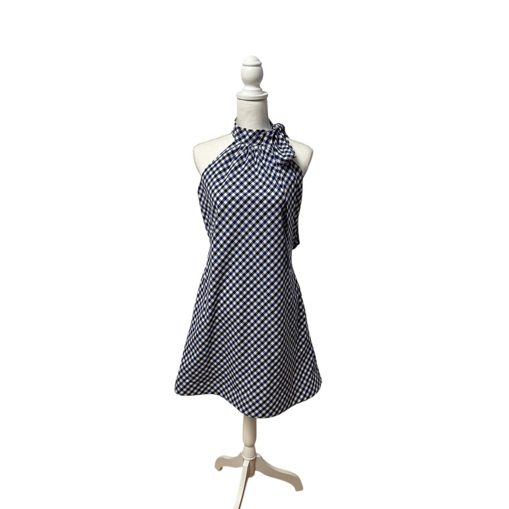Tish Cox Courtney Gingham Halter Mini Dress Bow Neck XXS Navy White